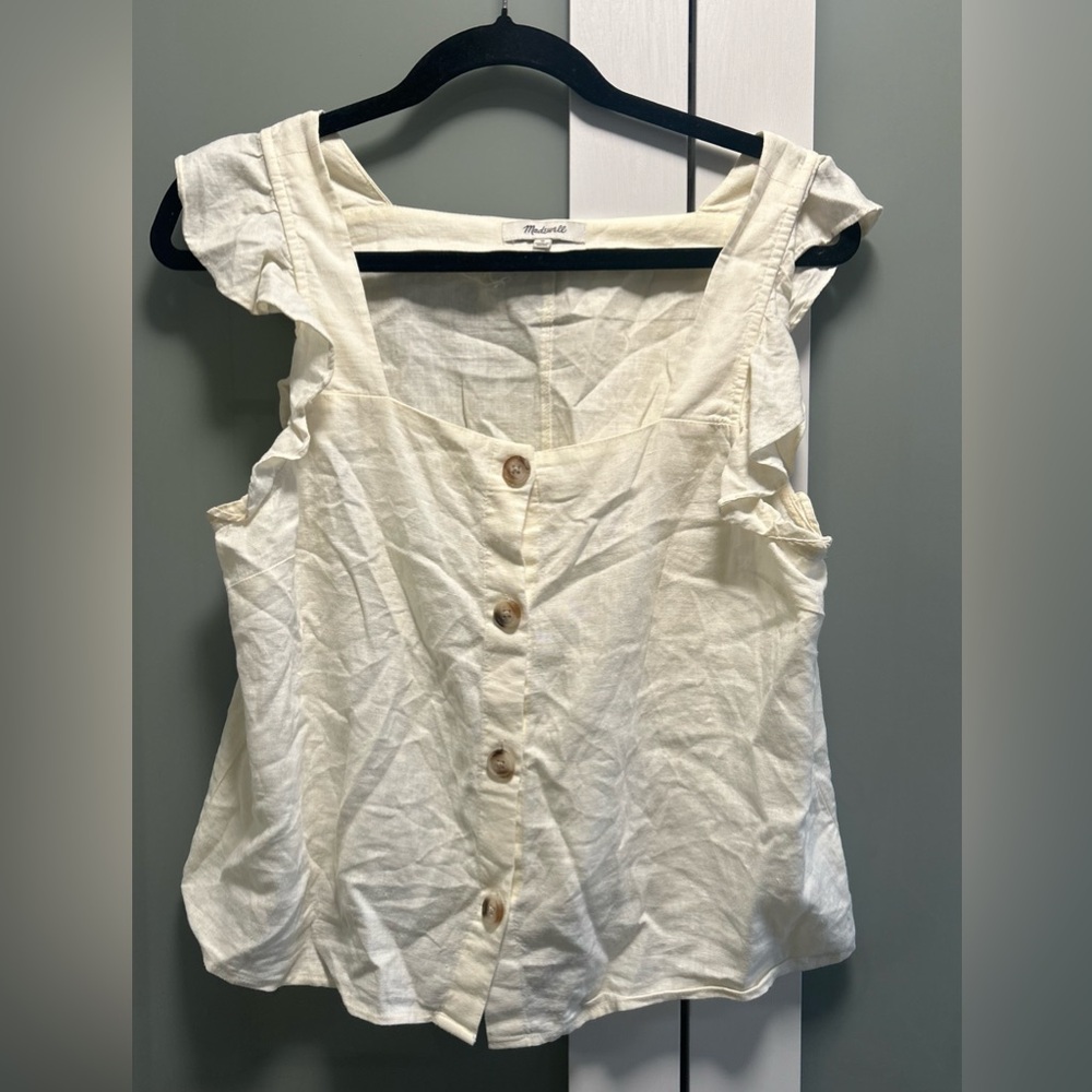 MADEWELL Linen-Blend Ruffle-Strap Lighthouse Button-Up Tank Top Size M